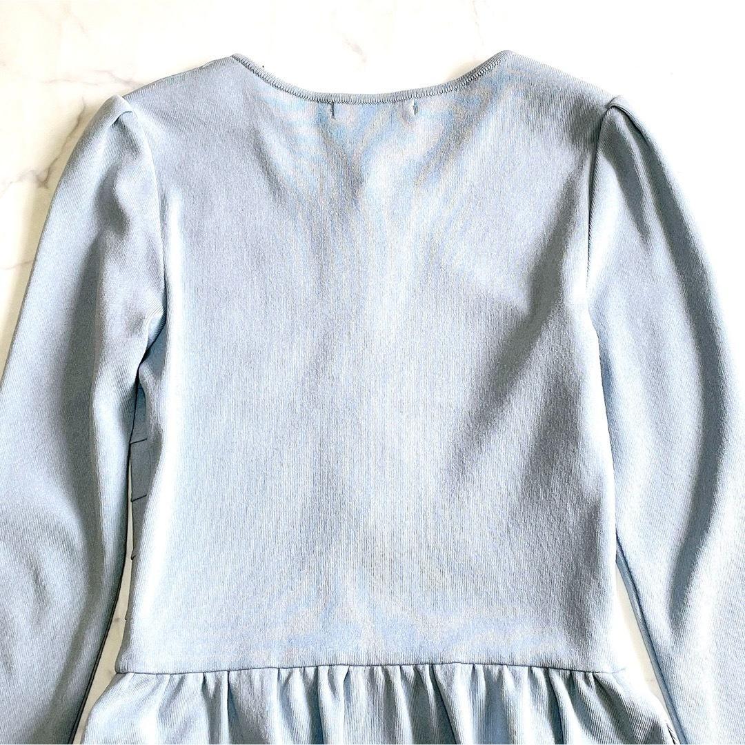 美品 ルネ ニットワンピース パール 上質アセテート 袖リボン 34 S 水色