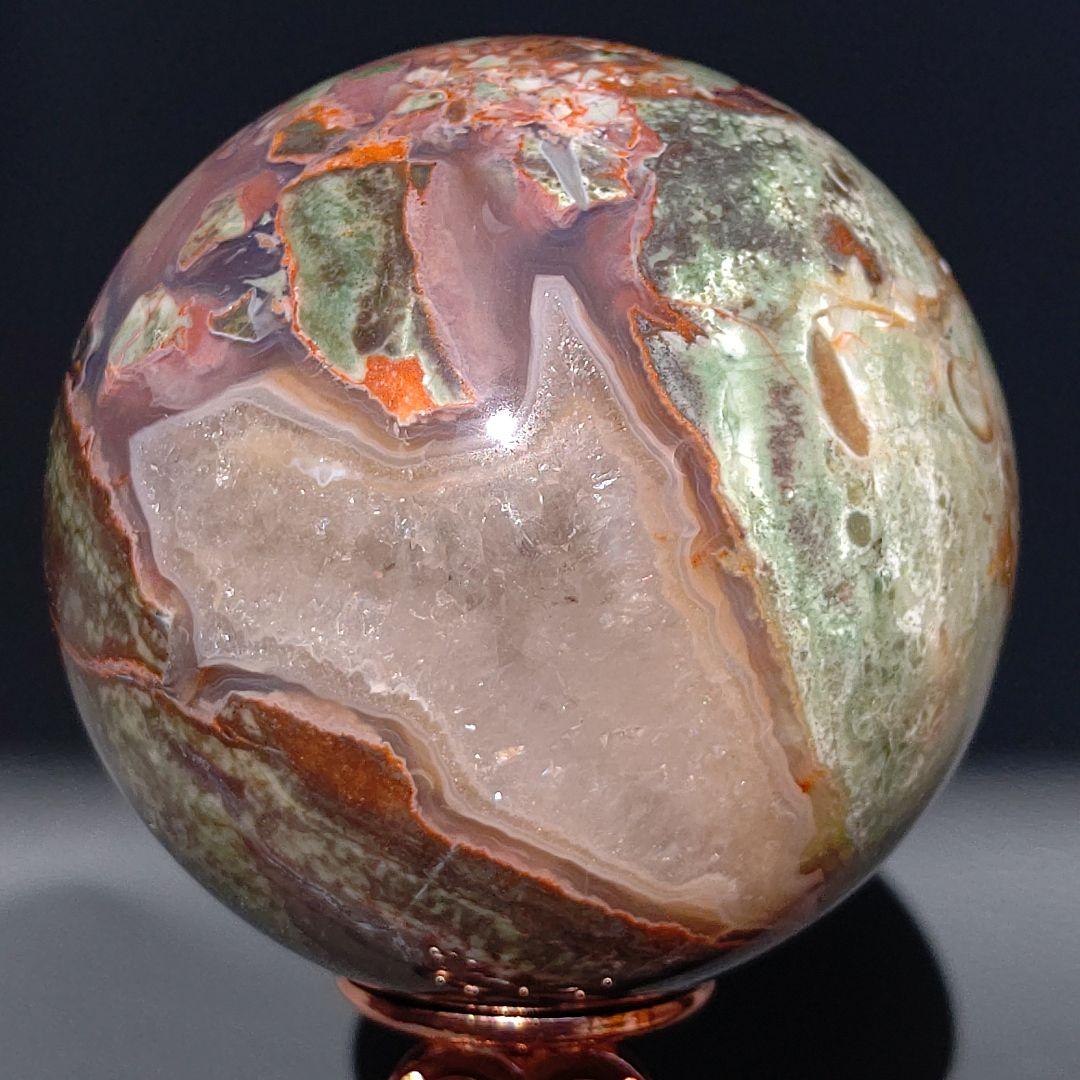 虹多数　マネーアゲート　水晶　スフィア　台座付き　天然石　レインボー　7.2cm