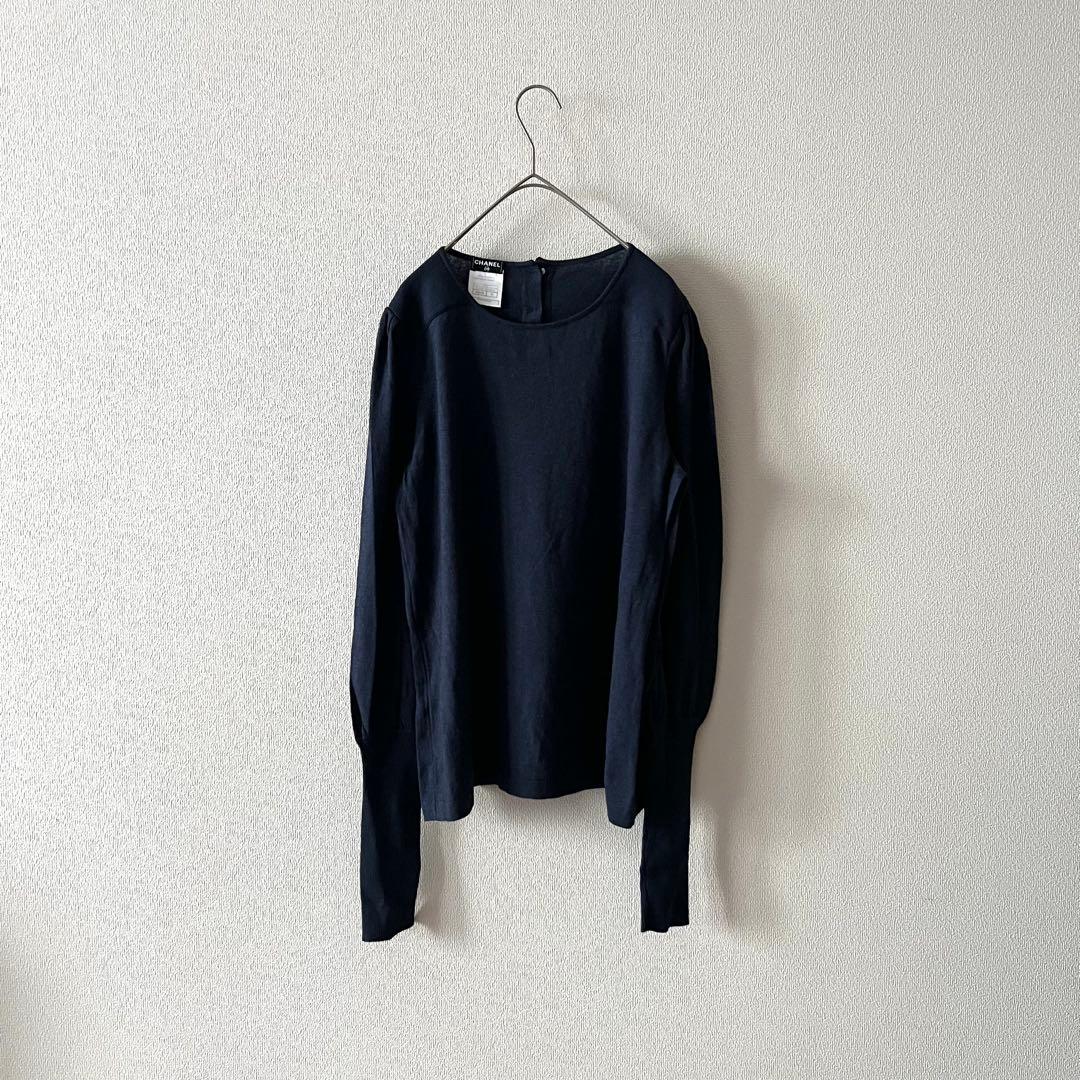 CHANEL カシミヤ シルク ココマークボタン 長袖ニット ネイビー 42XL