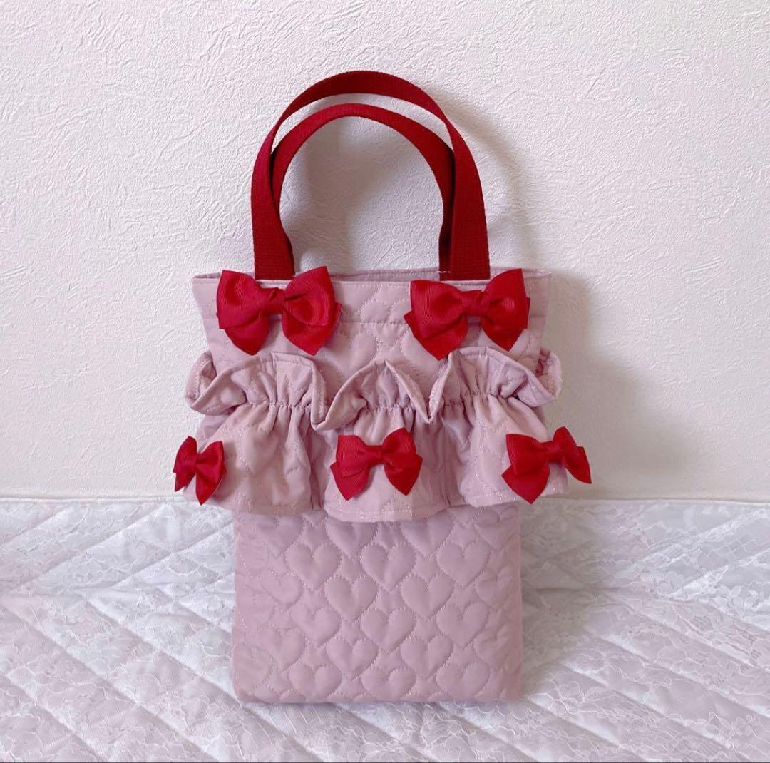 レッスンバッグ.体操服入れ.上靴袋3点セット♡ハート柄キルティングくすみピンク