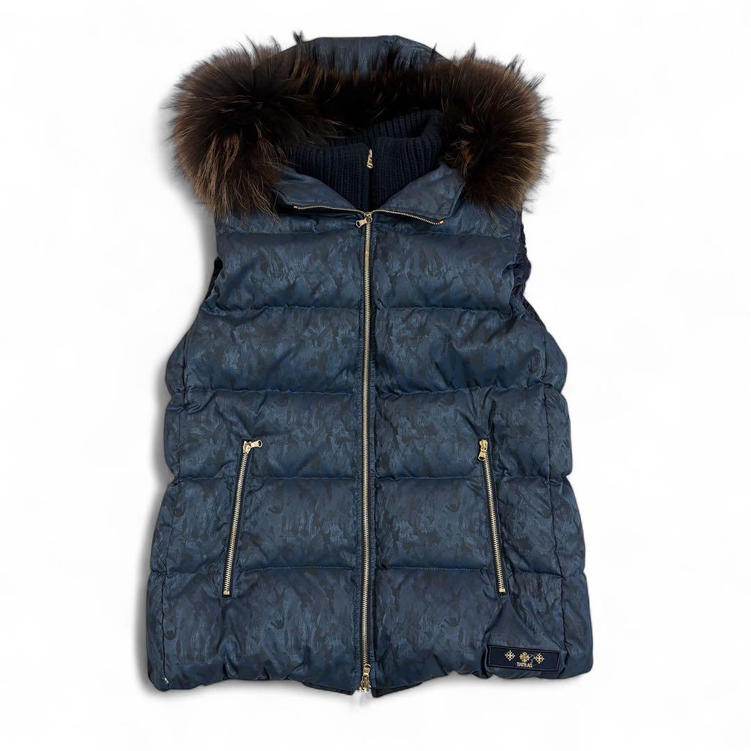 極美品✨タトラス ダウンベスト ラクーンファー フード 総柄 ネイビー 4 XL