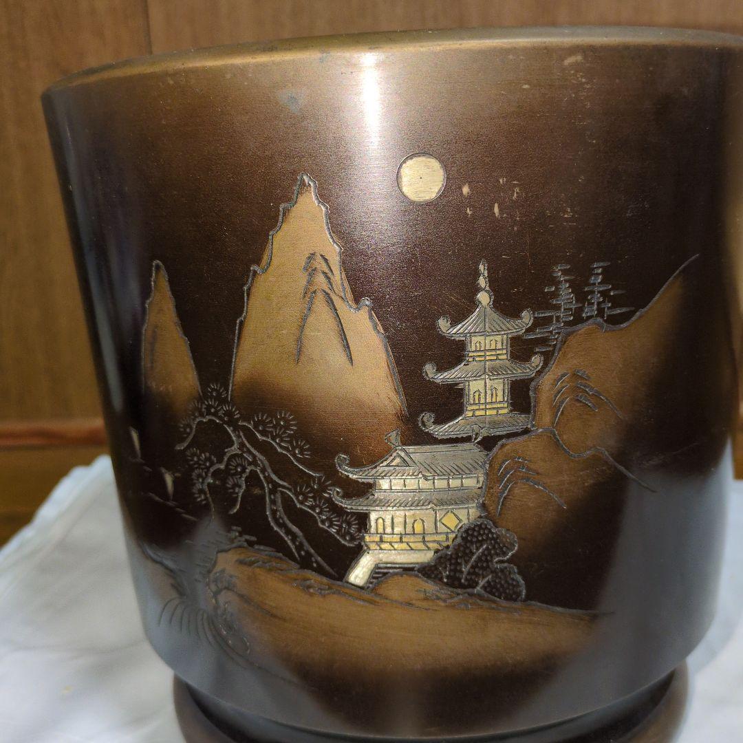 銅製 火鉢 山水楼閣文 金属製 古道具 口径24.5cm