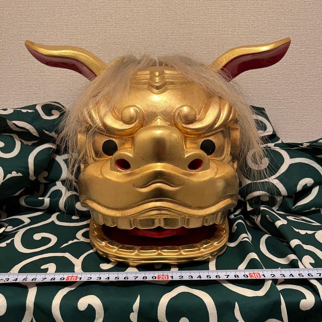 .【希少】　獅子舞　獅子頭　金箔　木彫　魔除け　金彩　古美術　木製 木彫 お祭り