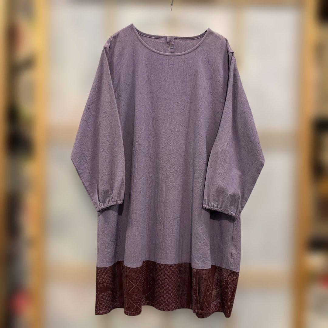 かぶり割烹着　紫　シワ加工　日本製