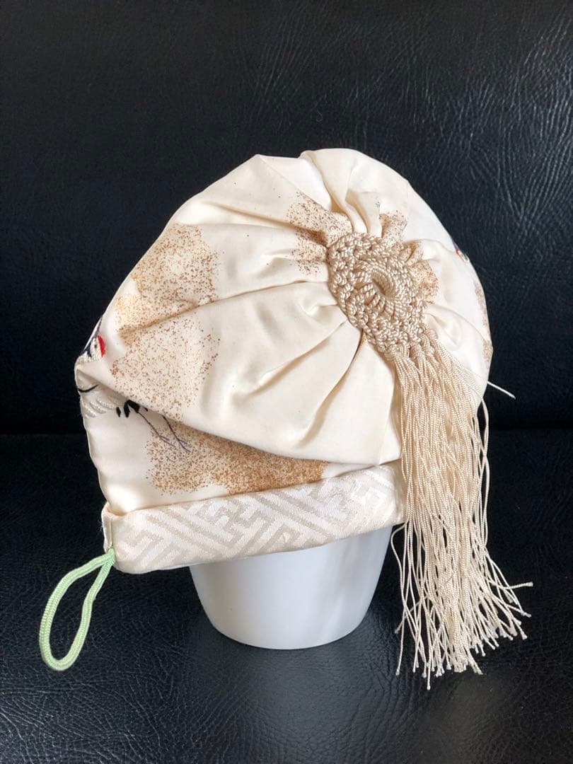 アンティーク　金絵付け　子達帽子　鶴図柄　手刺繍　吉祥文様　正絹　希少正絹