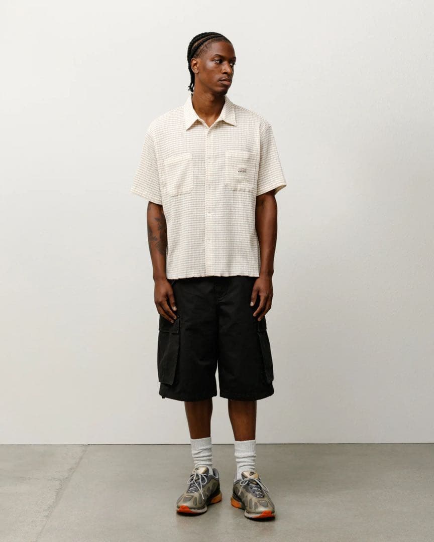 トップス stussy CRINKLED CHECK SS SHIRT TAN M