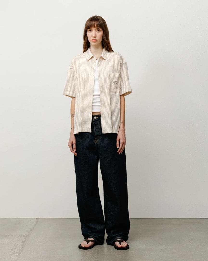 トップス stussy CRINKLED CHECK SS SHIRT TAN M