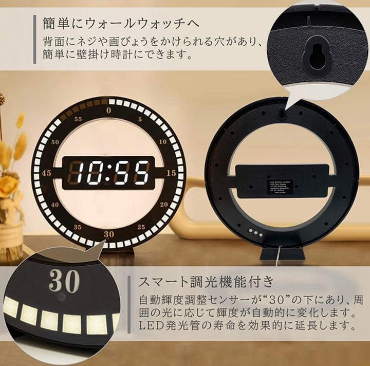 LEDデジタル時計 壁掛け時計 置き時計自動輝度調整12H/24H時間表示モード