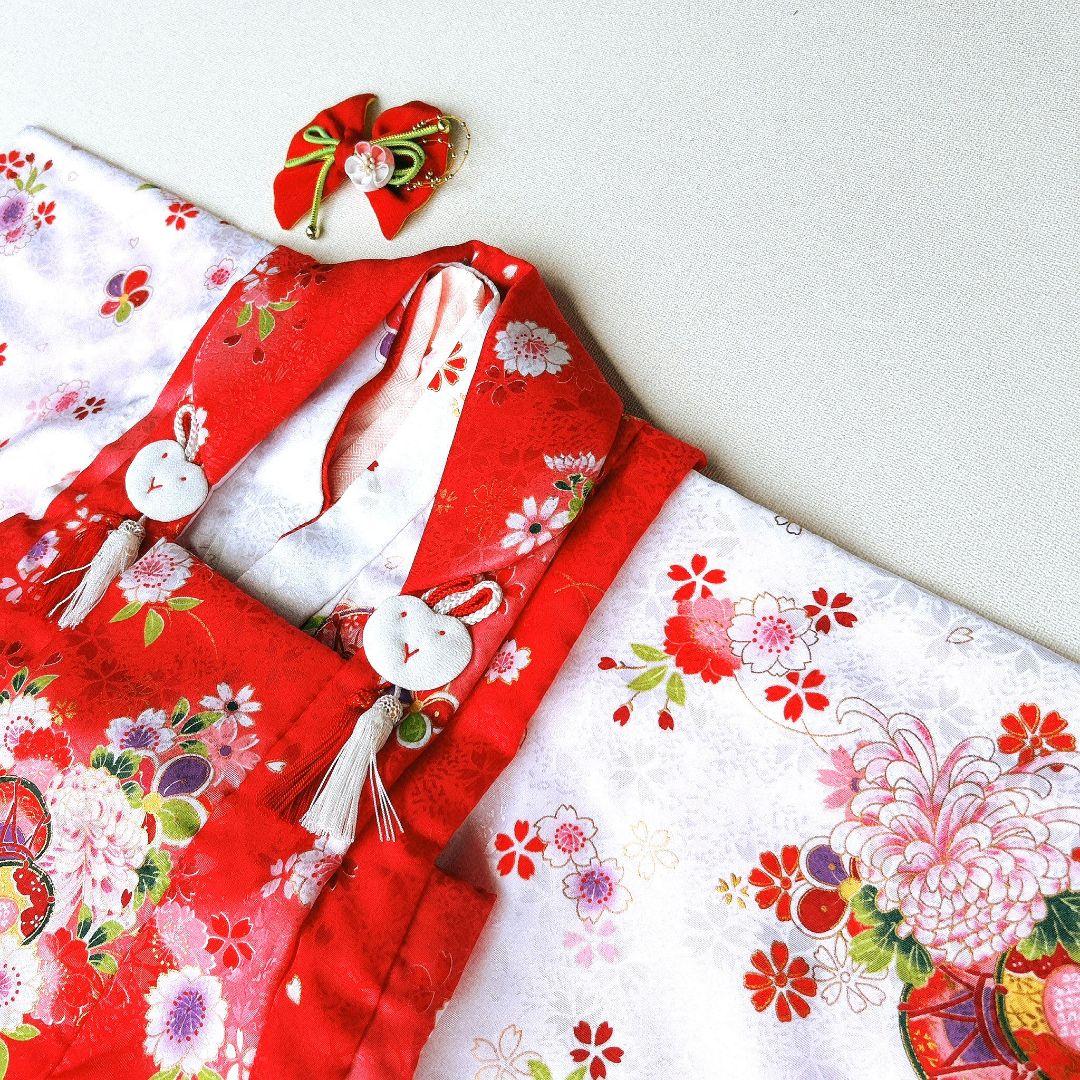美品　七五三　３歳女の子　長着＆被布＆長襦袢＆小物　白×赤　地紋　桜鼓菊うさぎ
