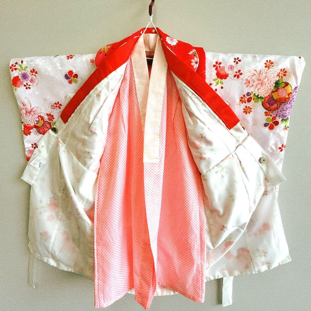 美品　七五三　３歳女の子　長着＆被布＆長襦袢＆小物　白×赤　地紋　桜鼓菊うさぎ