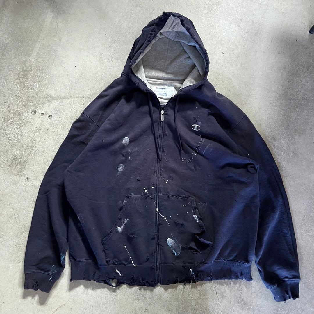 チャンピオン ボロスウェット ペンキ ジップパーカー XXL ネイビー