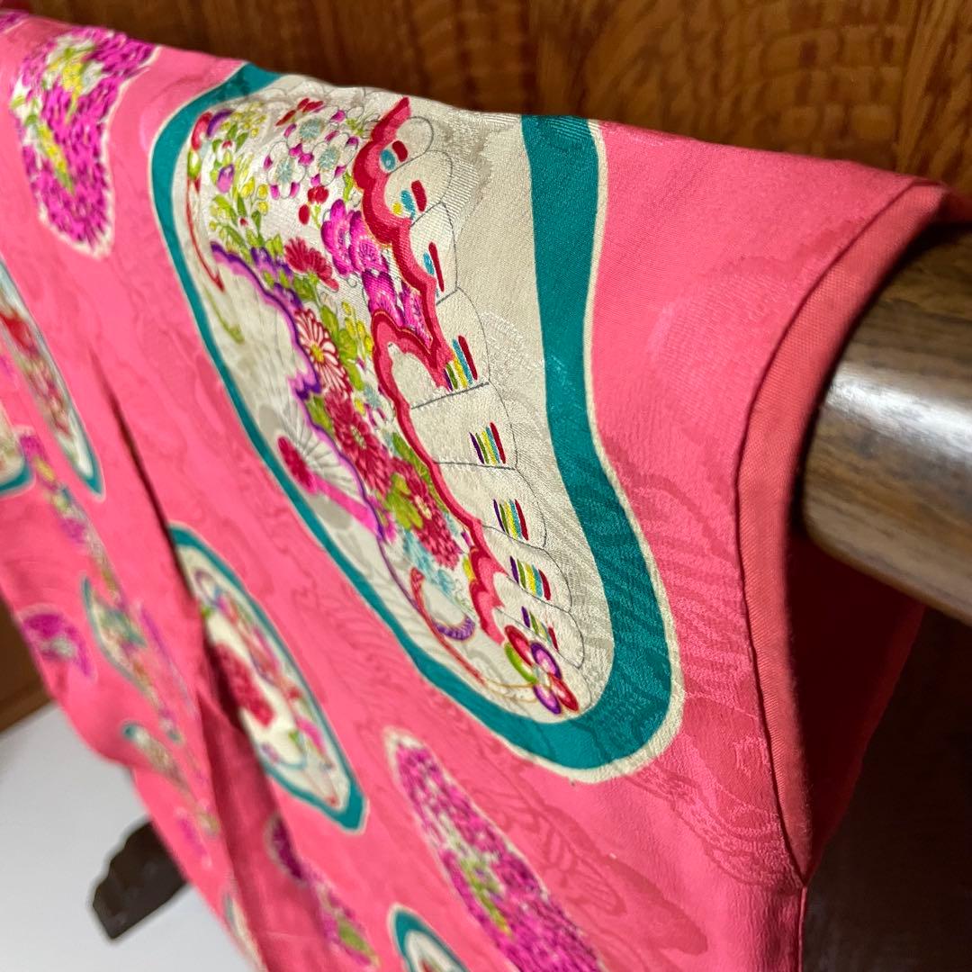 よ*だ様 アンティーク 子供着物 丸に 糸巻 扇 鼓 花文様 正絹 七五三 v3