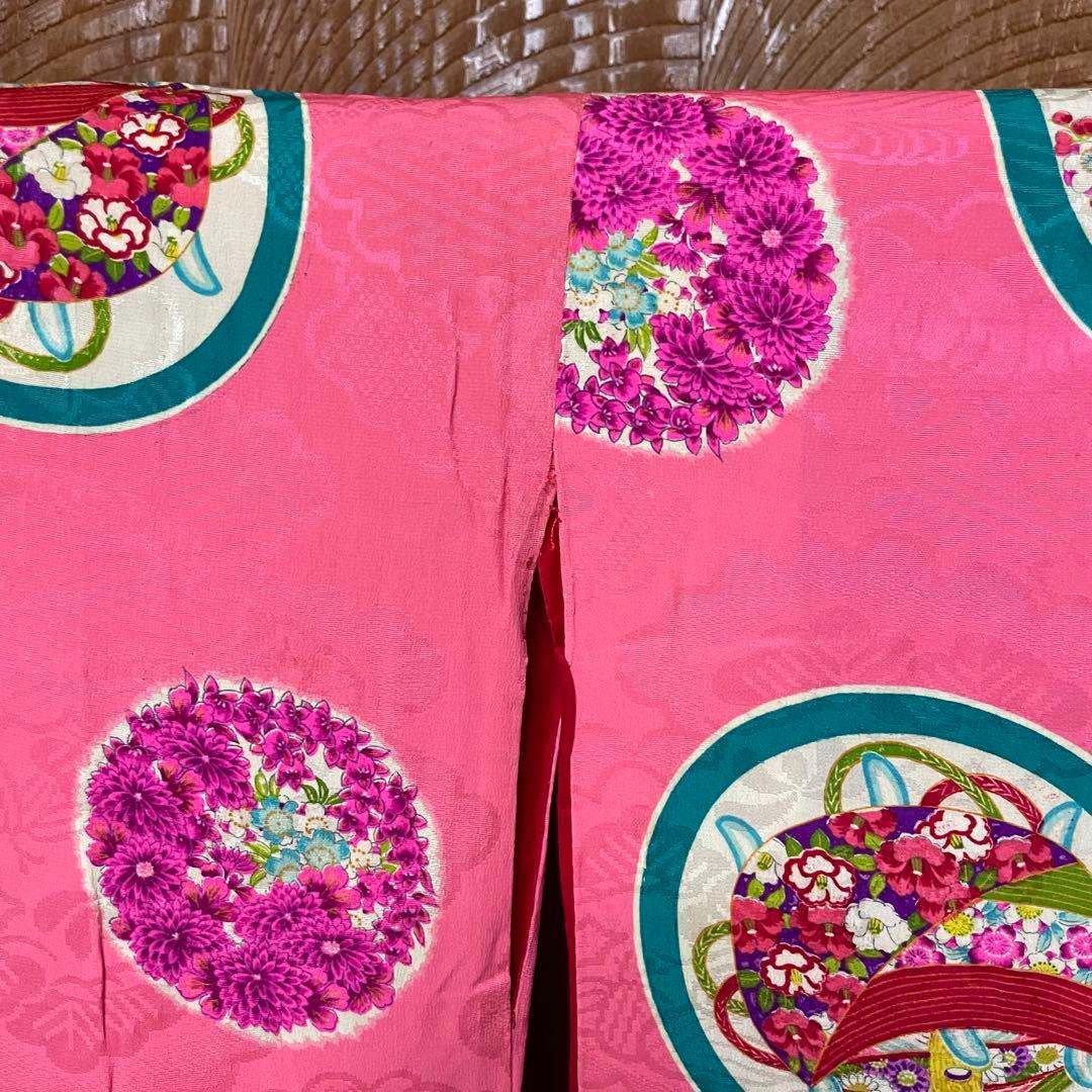 よ*だ様 アンティーク 子供着物 丸に 糸巻 扇 鼓 花文様 正絹 七五三 v3