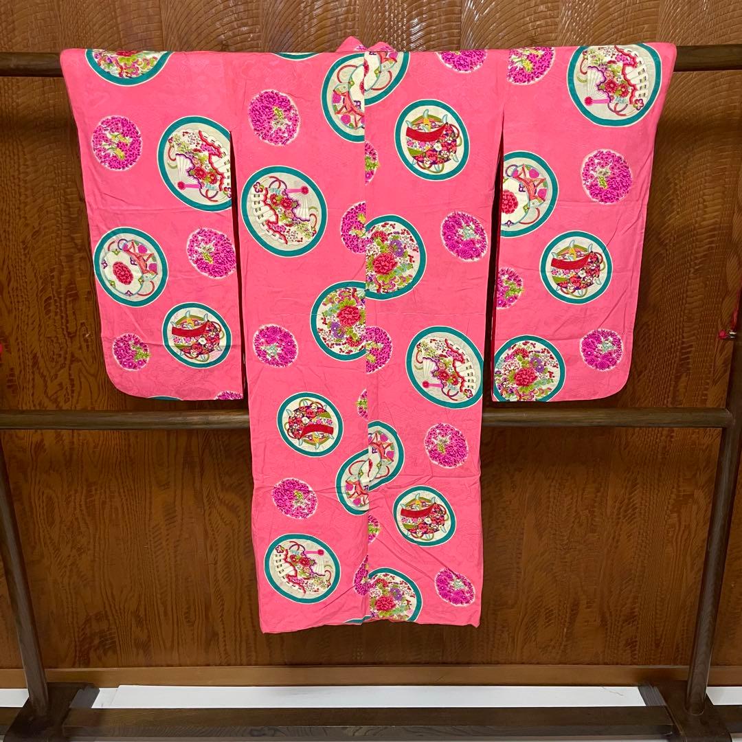 よ*だ様 アンティーク 子供着物 丸に 糸巻 扇 鼓 花文様 正絹 七五三 v3