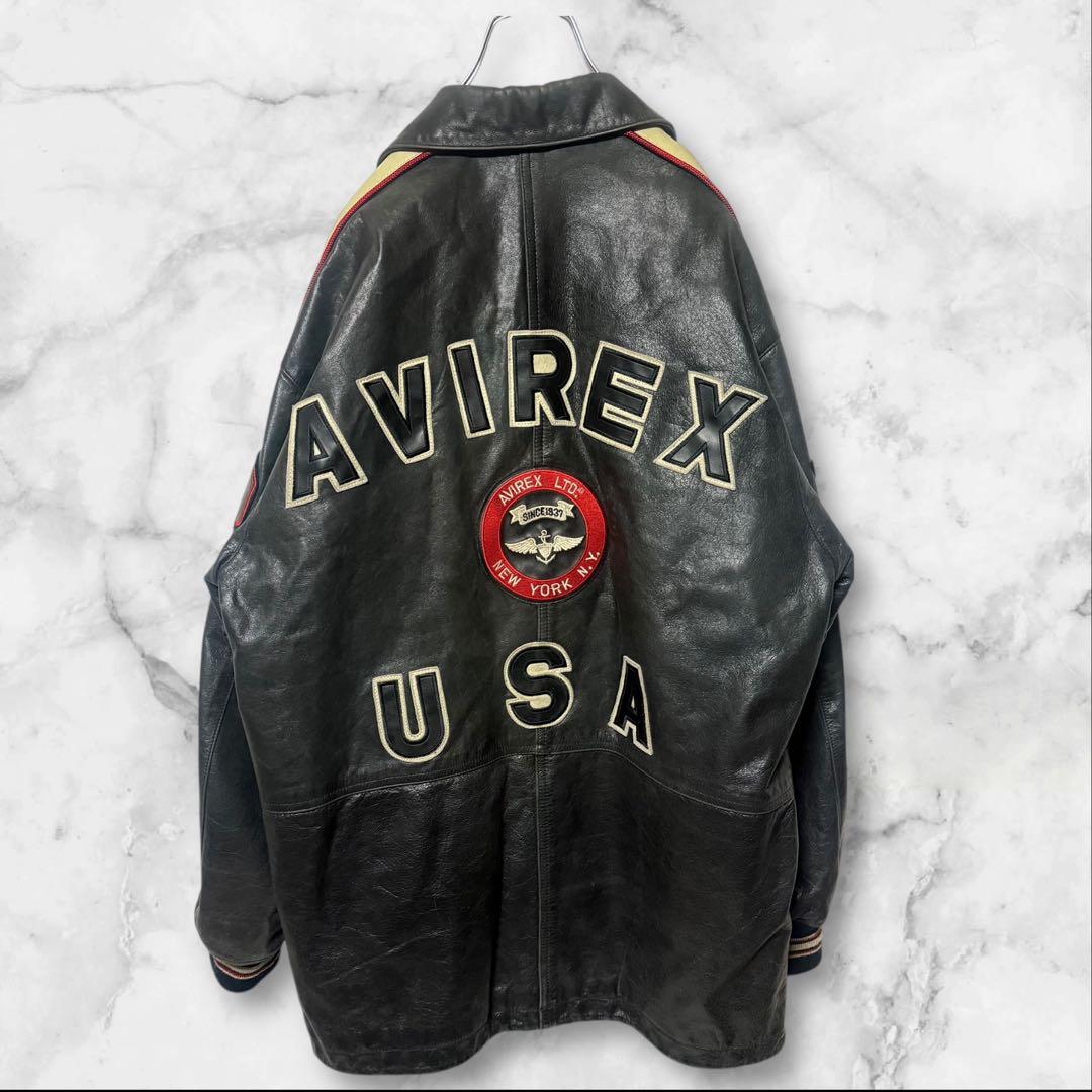 80s-90s AVIREX オールレザー バーシティジャケット フルデコ 黒