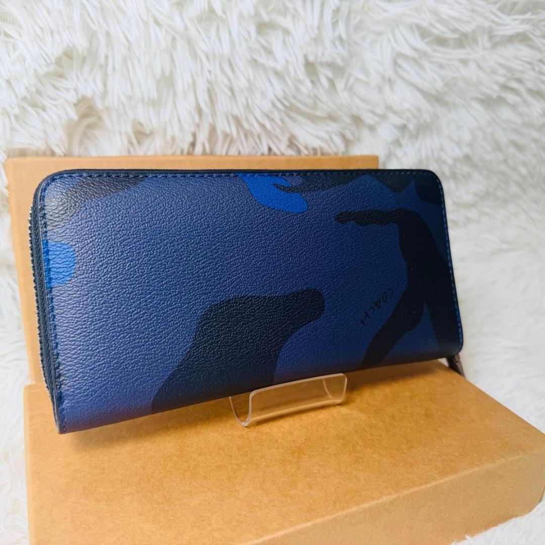 【新品未使用品】COACH メンズ　長財布　ブルー×カモフラ柄　迷彩柄 箱付き