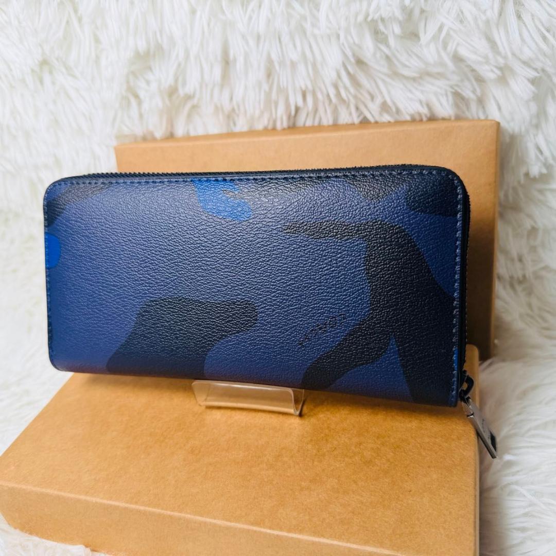 【新品未使用品】COACH メンズ　長財布　ブルー×カモフラ柄　迷彩柄 箱付き