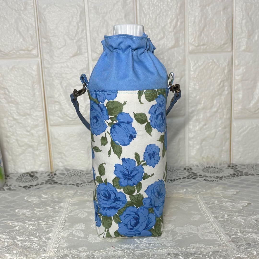 ペットボトルカバー　リバティカーラインローズ/ブルー　本革持ち手　ハンドメイド