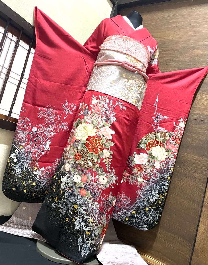 振袖フルセット6点サイズM〜Ｌ正絹宝尽くし袋帯　花篭文　金彩