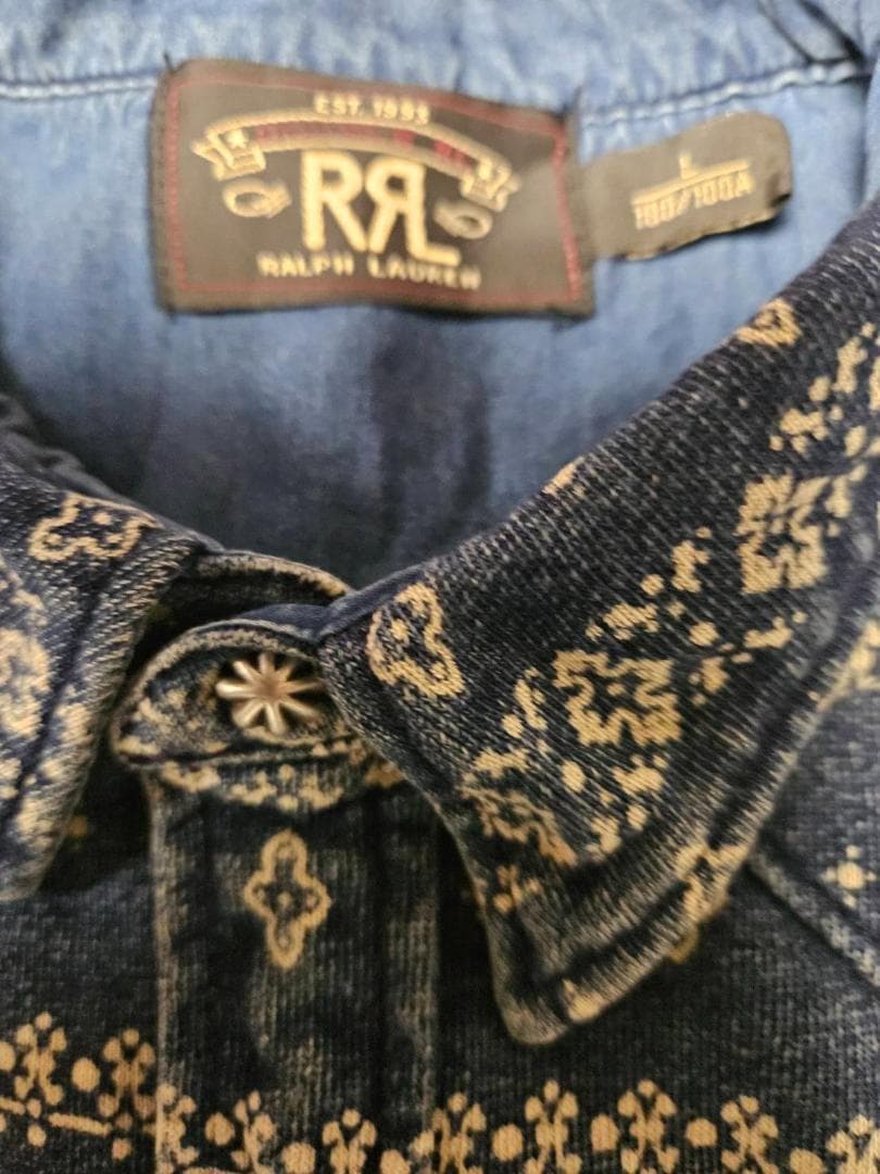 送料無料/超美品　RRL 幾何学模様 デニムウエスタンシャツ 長袖（L)
