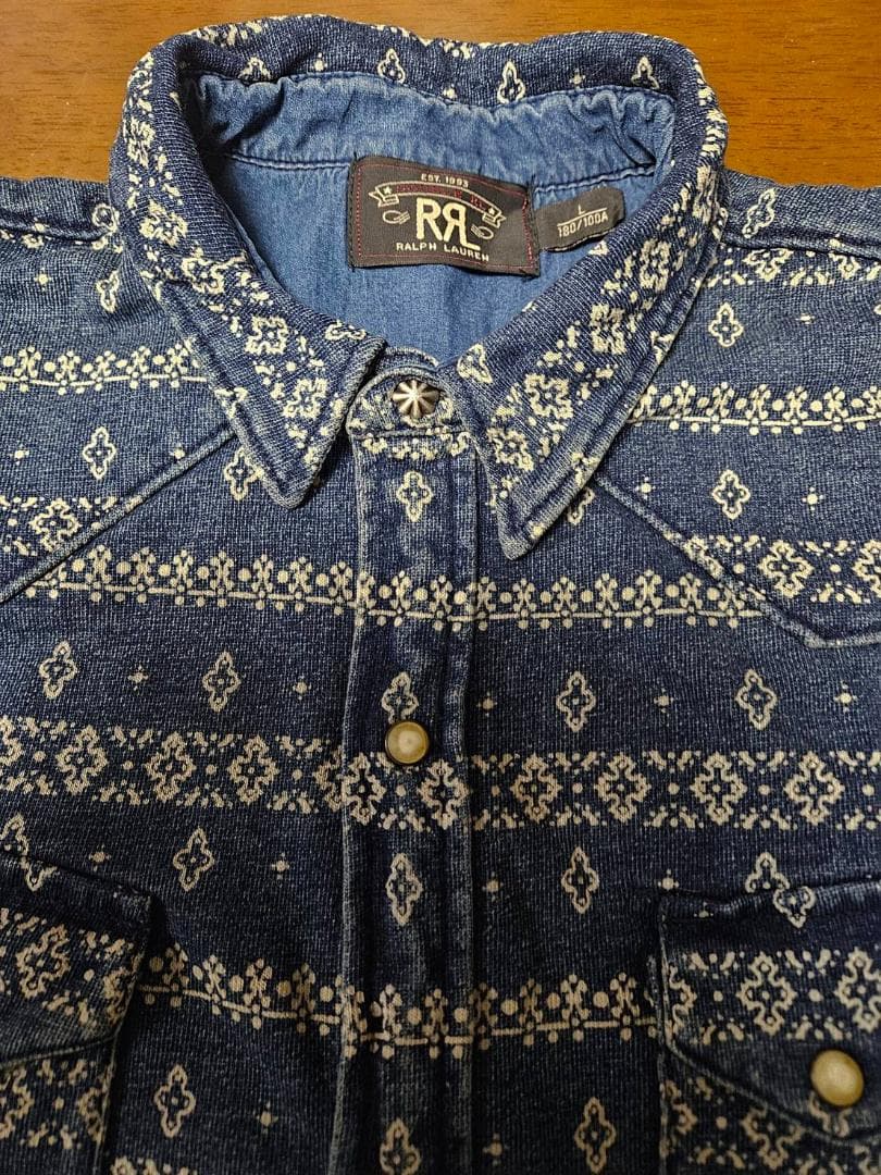 送料無料/超美品　RRL 幾何学模様 デニムウエスタンシャツ 長袖（L)