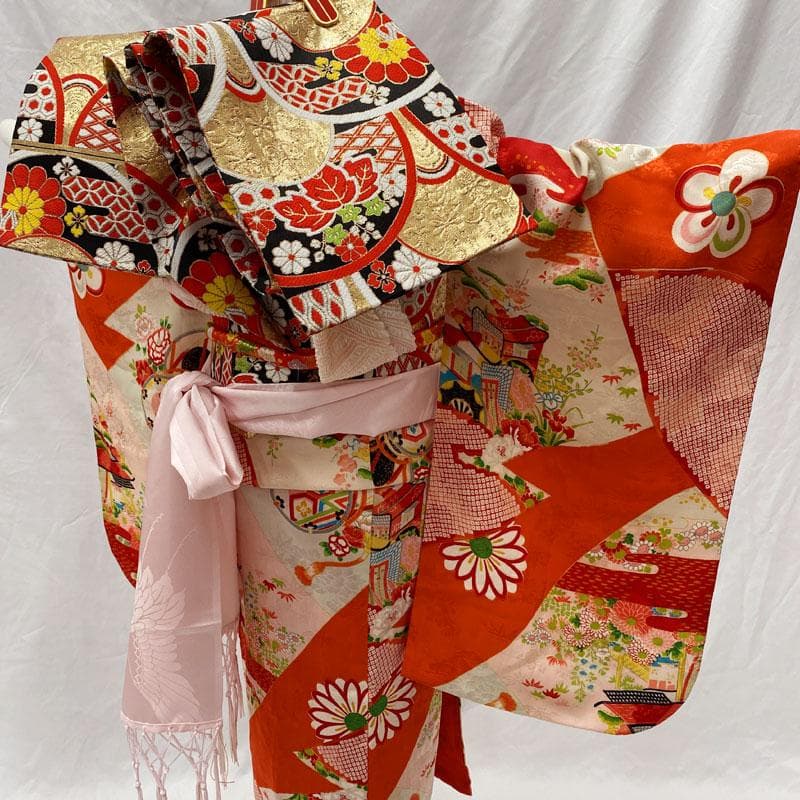 508ag86◎七五三 七歳 女児 アンティーク着物&丸帯 総柄 濃い朱色◎