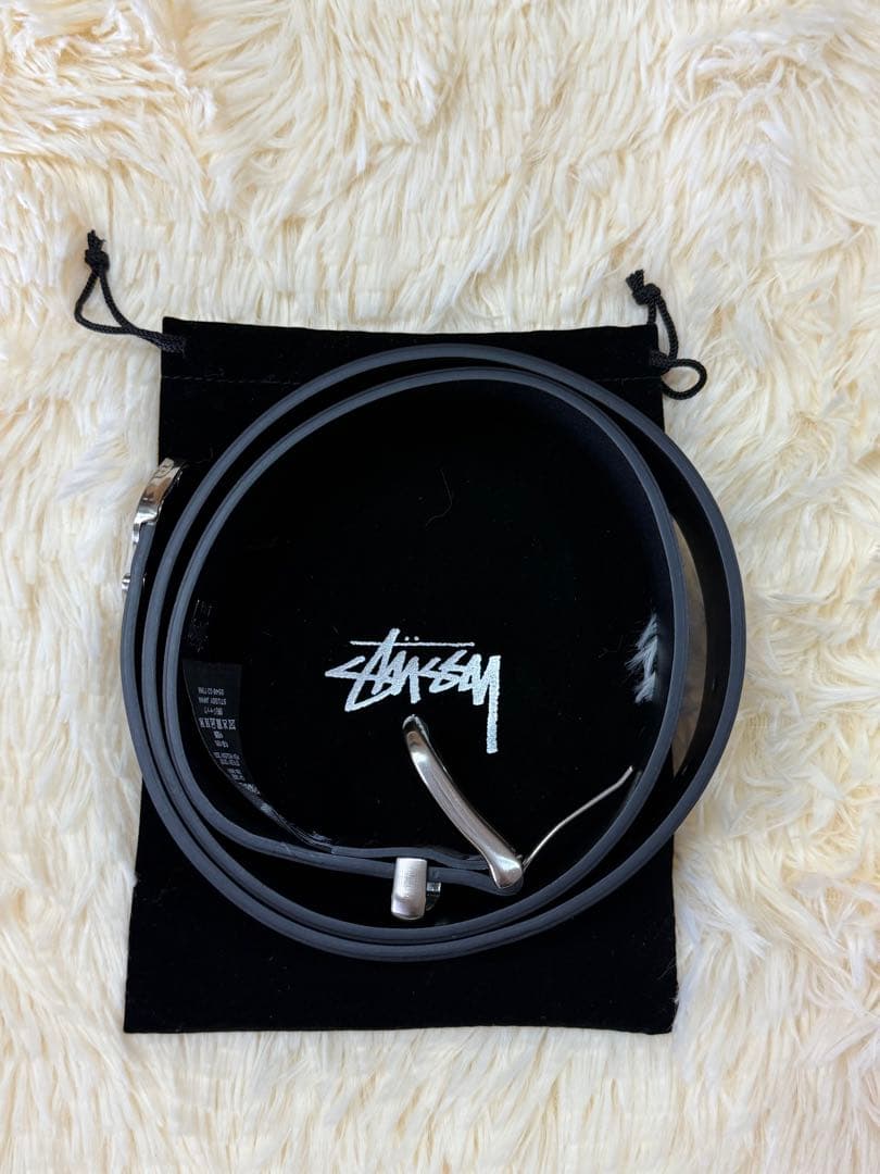 STUSSY ブラックレザー スワールデザイン ベルトL/XL