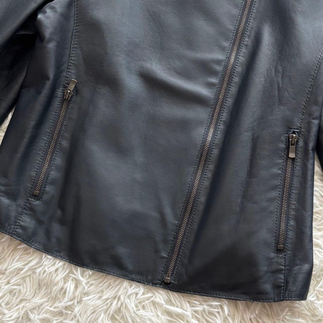 極美品23区ダブルライダースジャケットノーカラー羊革チャコール 大きいサイズ44