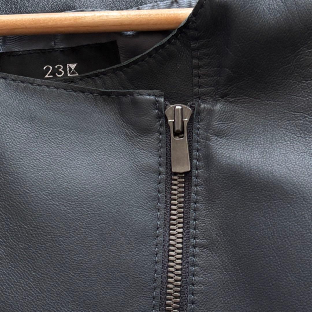 極美品23区ダブルライダースジャケットノーカラー羊革チャコール 大きいサイズ44