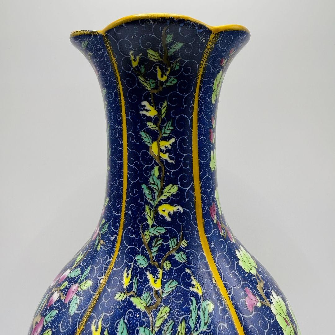 L106 青彩四角エナメル彩彩磁器花瓶 アンティーク