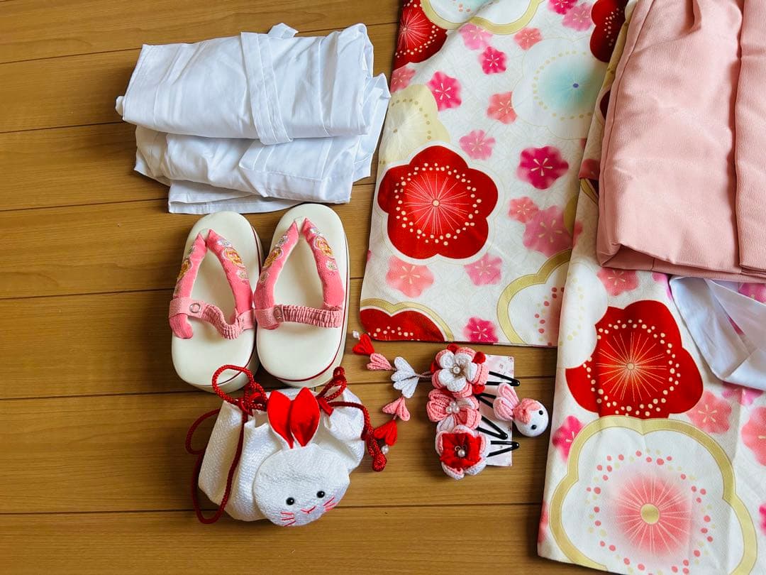 七五三　3歳　ピンク花柄着物　100 被布セット　キャサリンコテージ