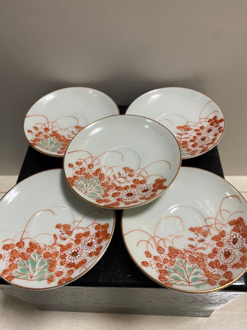 加賀　九谷焼　赤絵　骨董品　アンティーク　豆皿　7センチ　5枚セット