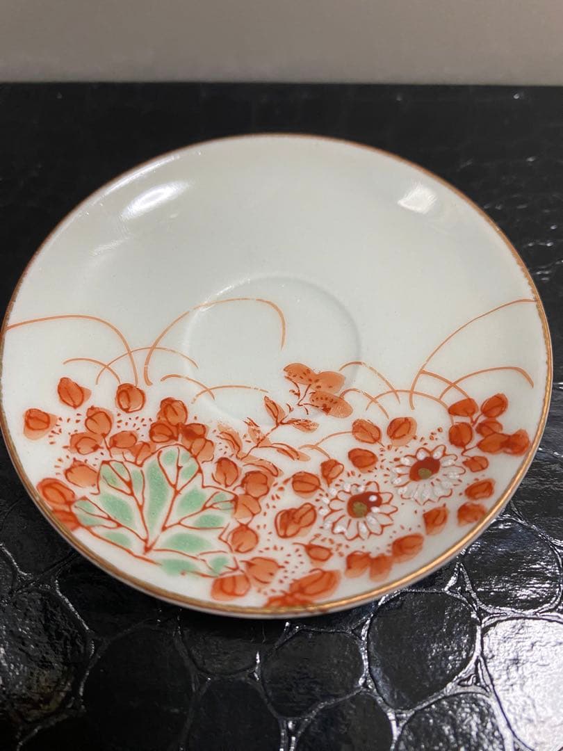 加賀　九谷焼　赤絵　骨董品　アンティーク　豆皿　7センチ　5枚セット