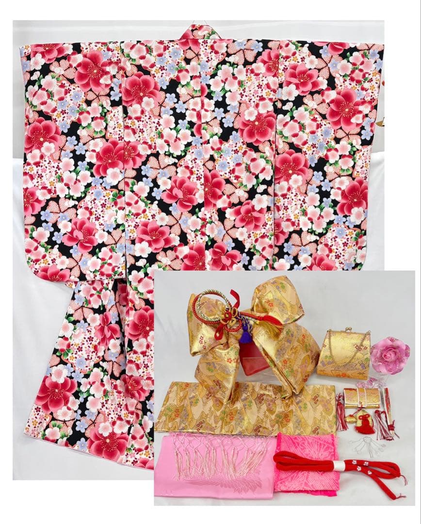 七五三　7ー8才女児　着物・はこせこセット　花々桜《子供493》#江戸小もーん