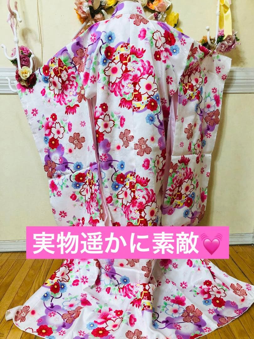 豪華白地7歳完全フルセット‼️着物長襦袢全通袋帯新品⭐︎手毬花金彩煌びやか際立つ逸品