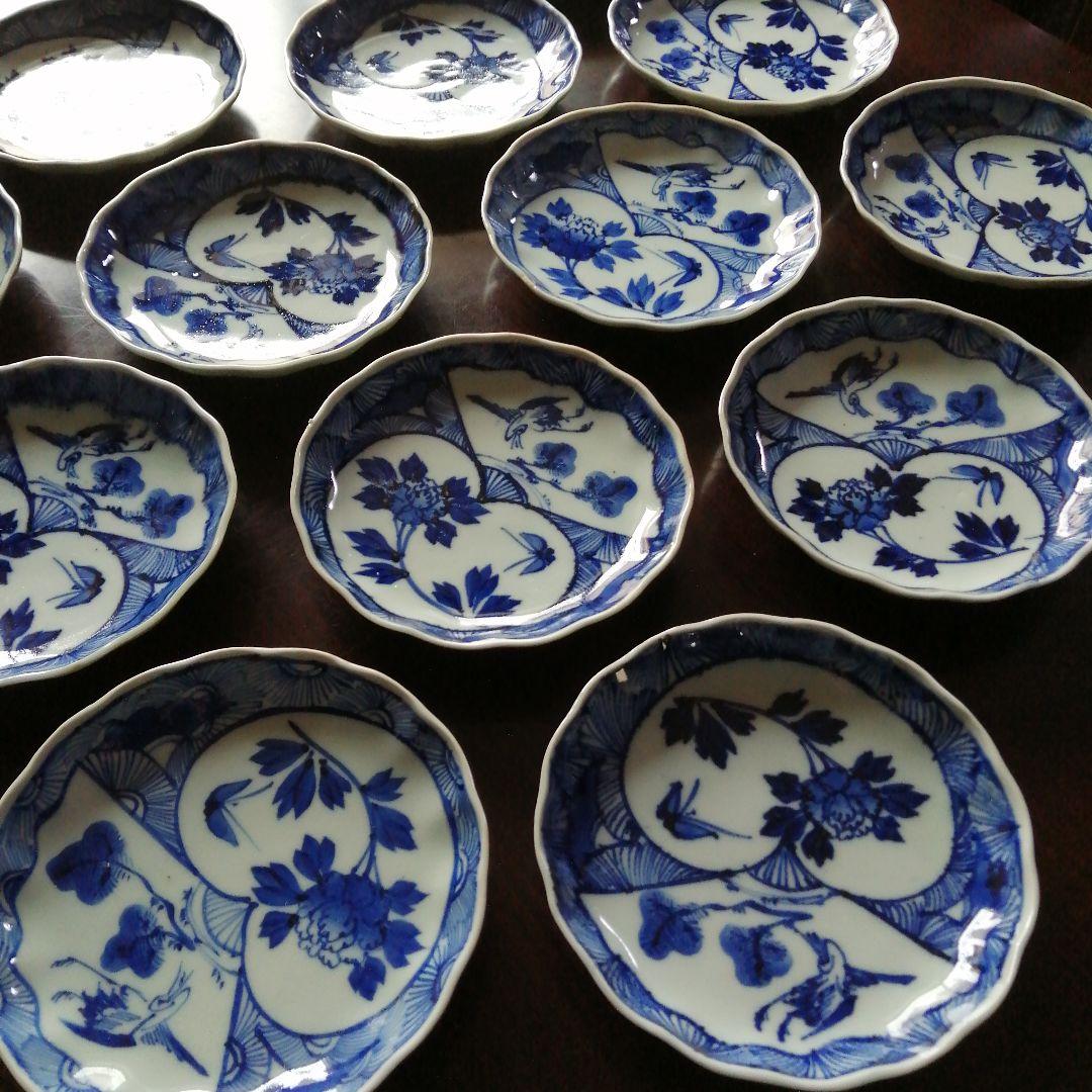 伊万里　染付線描扇紋中皿　13枚　15.7cm　江戸後期～明治初期