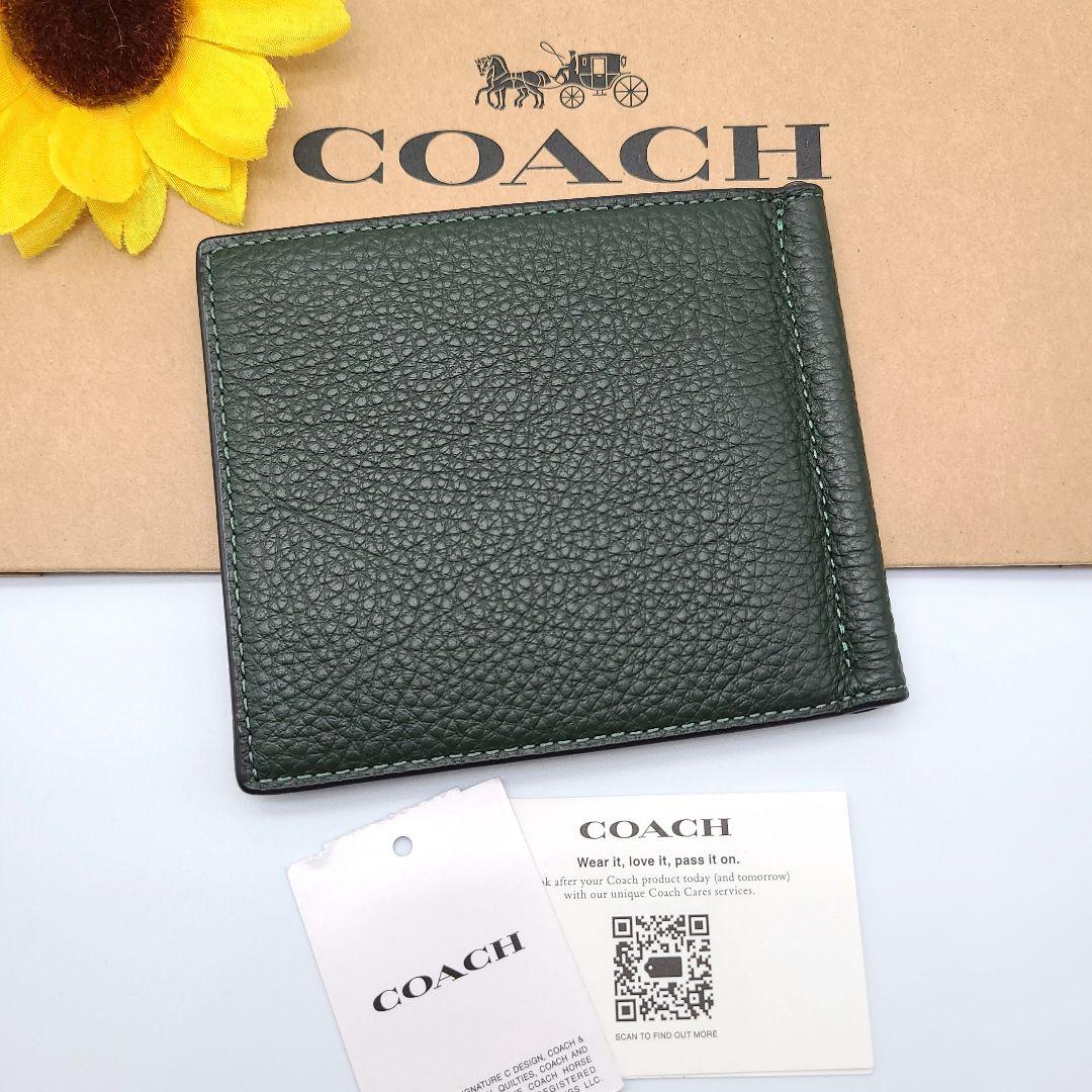 COACH マネークリップ 新品,アマゾングリーン 新作カラー レザー メンズ