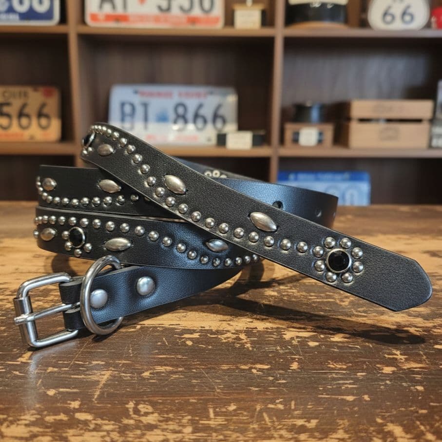 フラワー黒■本革レザーフルスタッズナローベルト☆アメカジ古着ヴィンテージキムタク