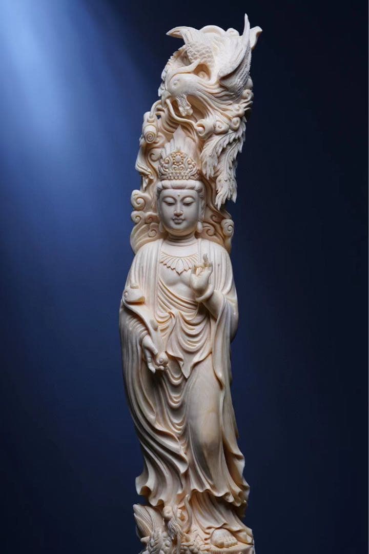 天然マンモス牙美しい手作り彫刻龍鳳観音 置物