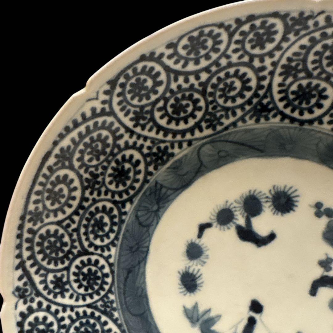 伊万里 有田 染付 印判手 輪花皿 蛸唐草 花丸繋ぎ 見返し蓮弁 見込 四君子