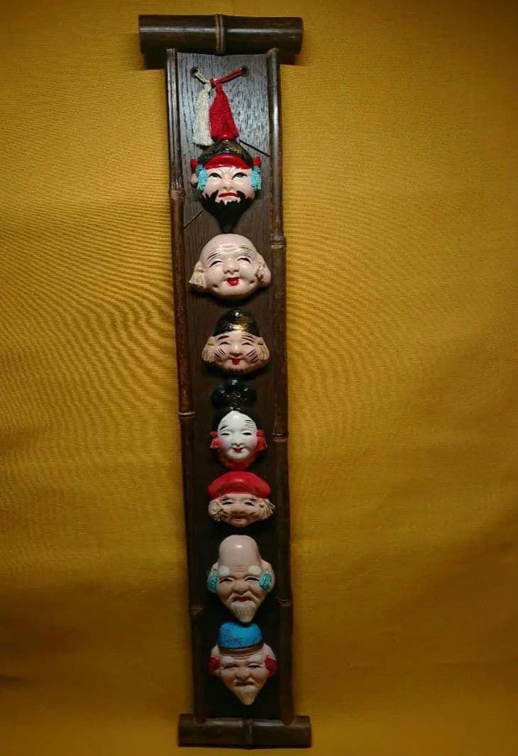 【美品】七福神　陶器　古竹　壁掛け　置物　インテリア　工芸品　美術品　A1104