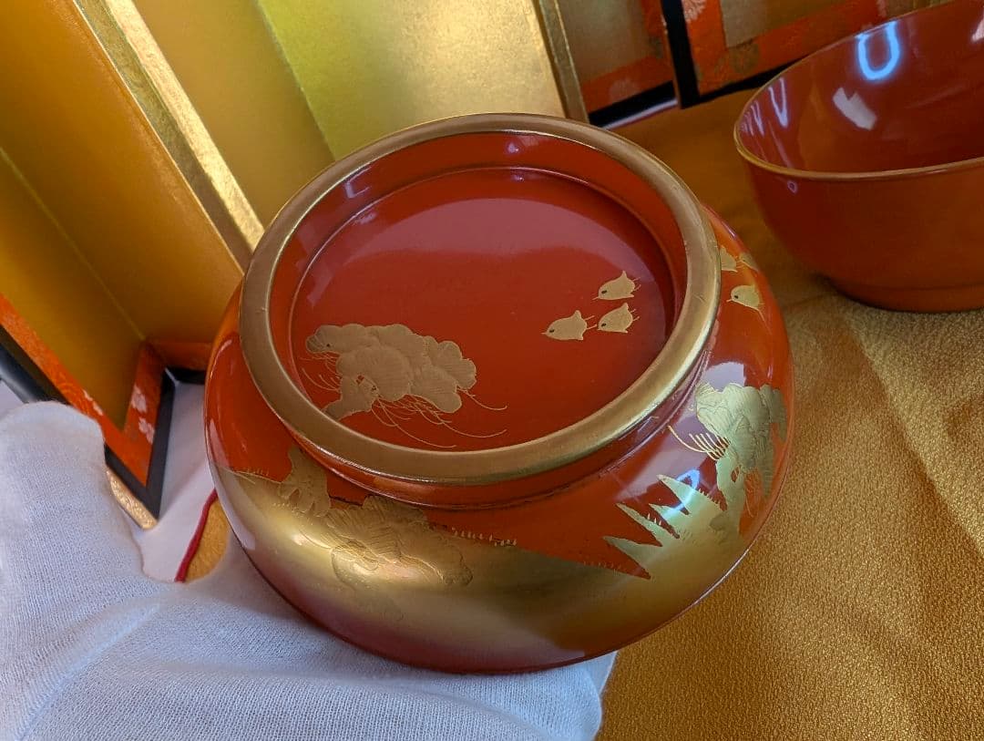 明治時代 輪島塗 金蒔絵 蓋付椀 波千鳥 木製 汁椀 雑煮椀 2客