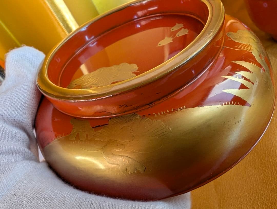 明治時代 輪島塗 金蒔絵 蓋付椀 波千鳥 木製 汁椀 雑煮椀 2客