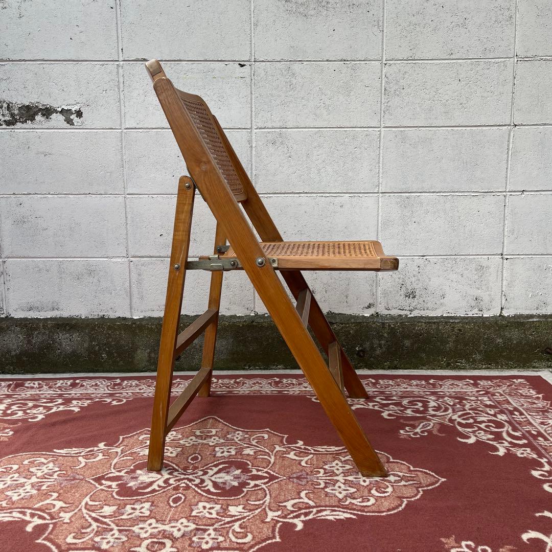 古家具ビンテージ品◾️籐ラタンパネル×木製フレーム 折りたたみ椅子 チェア A