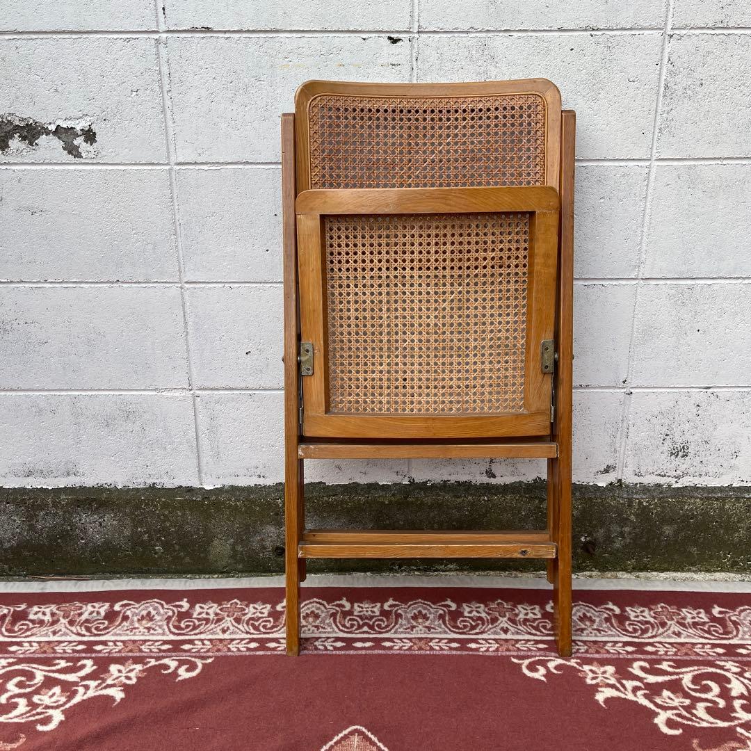古家具ビンテージ品◾️籐ラタンパネル×木製フレーム 折りたたみ椅子 チェア A
