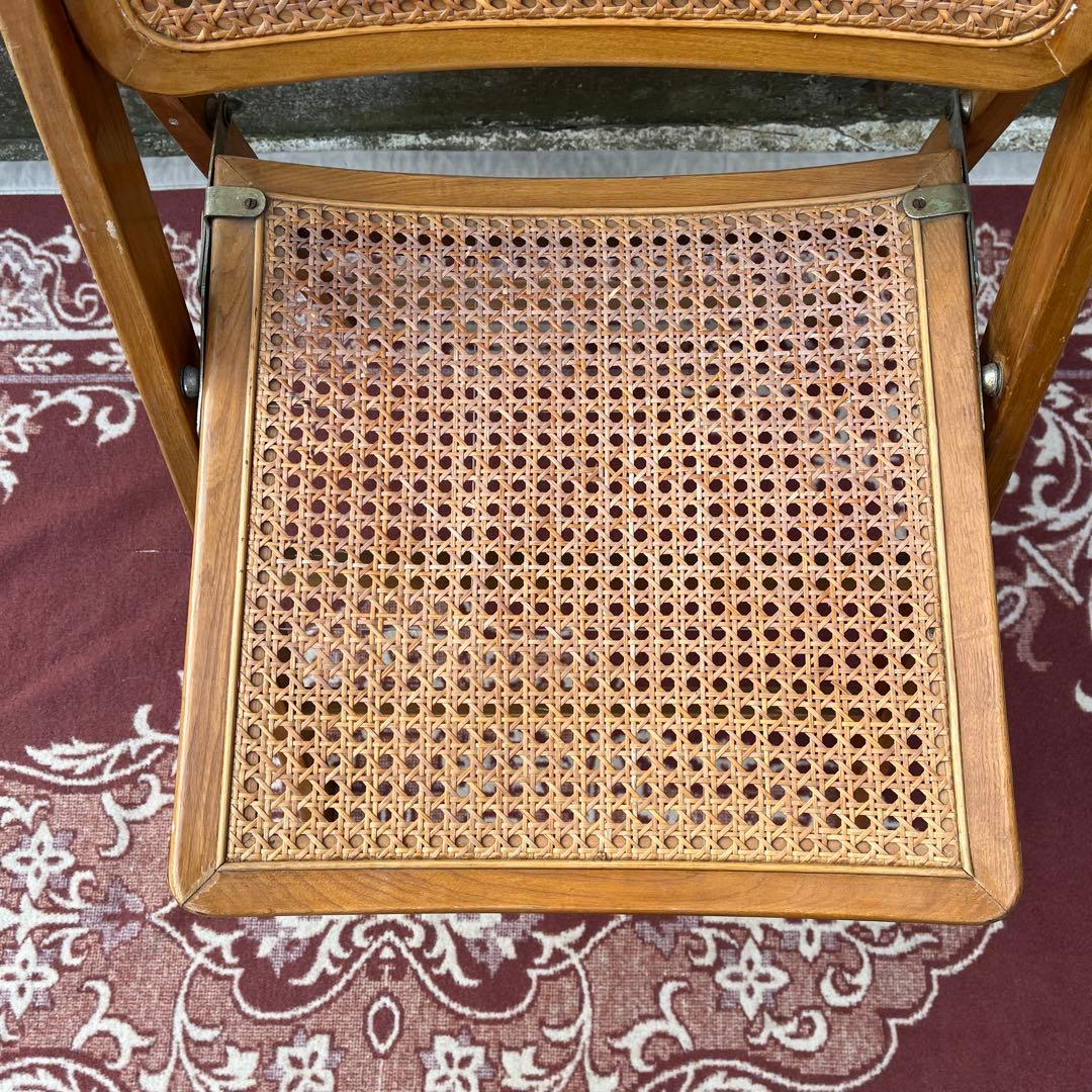 古家具ビンテージ品◾️籐ラタンパネル×木製フレーム 折りたたみ椅子 チェア A