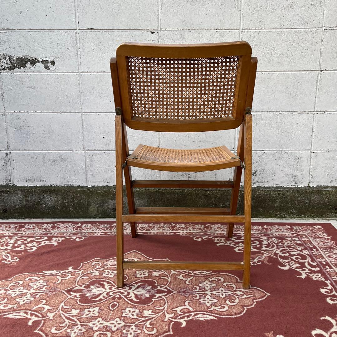 古家具ビンテージ品◾️籐ラタンパネル×木製フレーム 折りたたみ椅子 チェア A