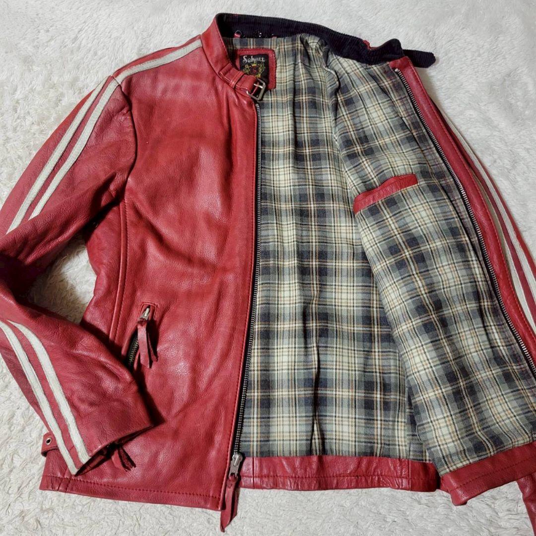 希少✨　ショット　ライダースジャケット　Lサイズ　カウレザー　チェック柄　赤