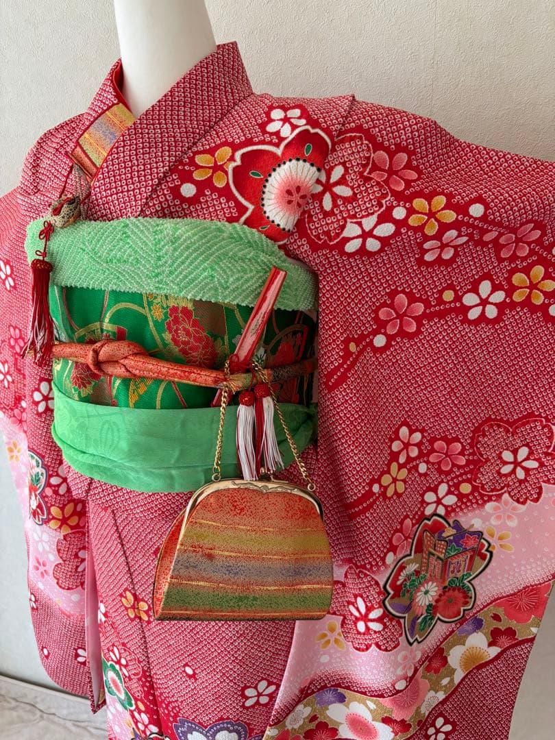 c*u様 美品 ７歳 七五三 お着物セット 作り帯 バッグ 草履 帯揚げ しごき