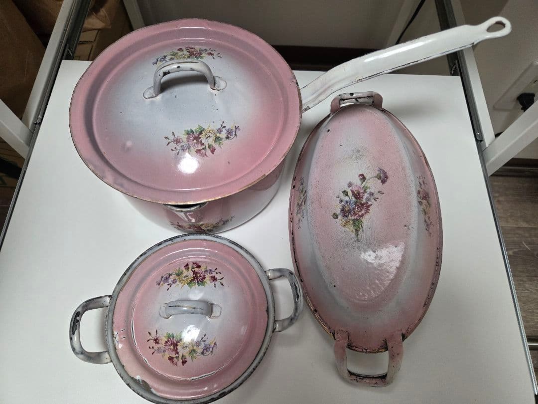 アンティーク花柄ホーロー鍋セット